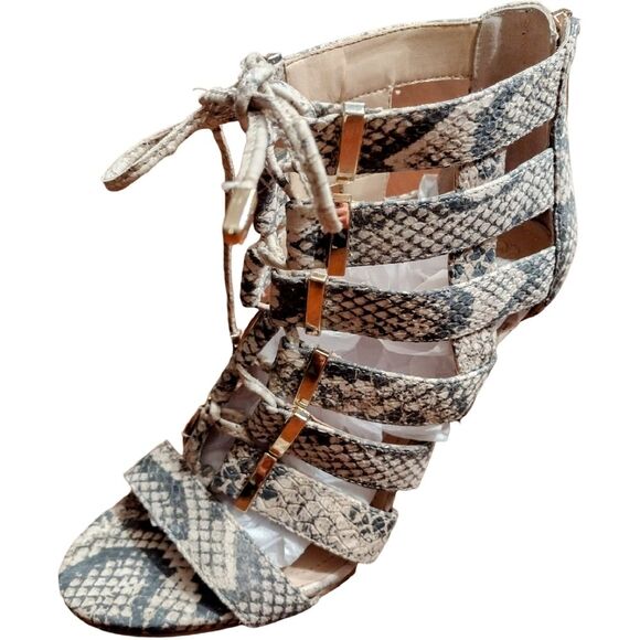Vince Camuto Snakeskin Print Gladiator Heels With Zipper, 6.5M, Black/White/Tan - Picture 5 of 12